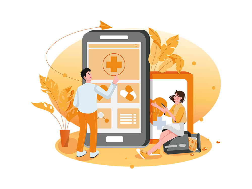 Illustration von Ärzten vor Gesundheitsapp