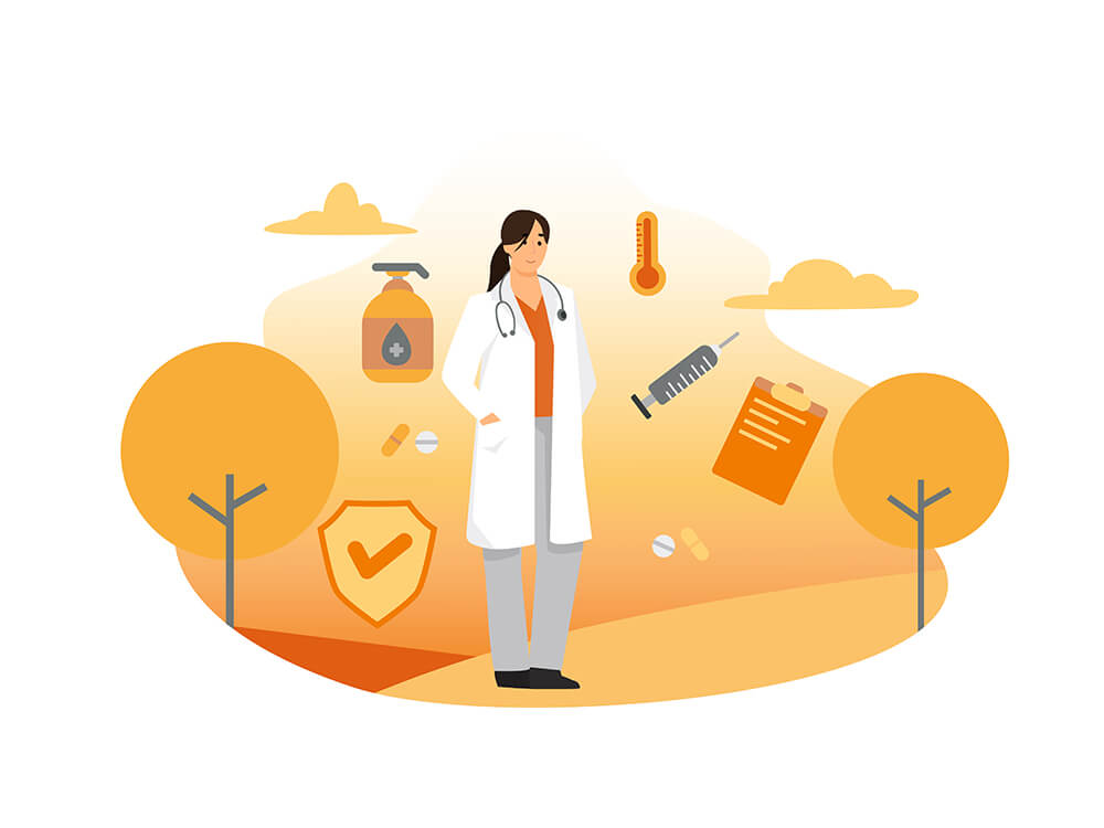 Illustration von Ärztin mit Gesundheitsartikeln